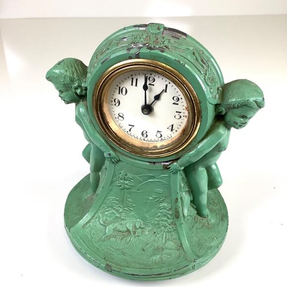1920s LUX Clock Co. Figural Cherubs Painted Metal Novelty Desk Clock Antique Vtg - Picture 1 of 11